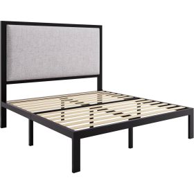 Full size Grey Linen Upholstered Headboard Black Metal Platform Bed Frame