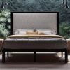 Full size Grey Linen Upholstered Headboard Black Metal Platform Bed Frame