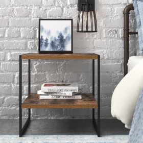 Industrial Modern Black Metal Brown Wood Top Nightstand End Table with Shelf