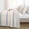 California King Blue Off-White Cream Stripe 3 Piece Reversible Cotton Quilt Set