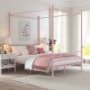 Full size French Country Style Four Poster Metal Canopy Bed in Pink Finish