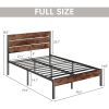 Full size Modern Farmhouse Metal Platform Bed Frame with Brown Wood Headboard