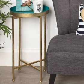 Gold Finish Metal Round End Table Nightstand with Removable Teal Tray Top