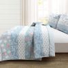 King size Blue Pink White Beige Floral Cottage Lightweight 3-Piece Quilt Set