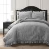 California King Grey White Stripe Ruffle Reversible 3 Piece Comforter Set