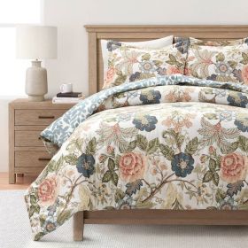 Cal King Floral Country Cottage Blue Green Coral Beige Comforter Set