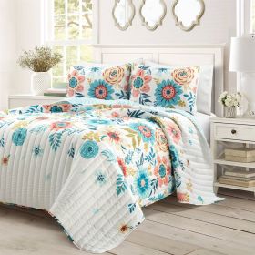 King size Lightweight Floral Teal Blue Pink White 3-Piece Polyester Quilt Set