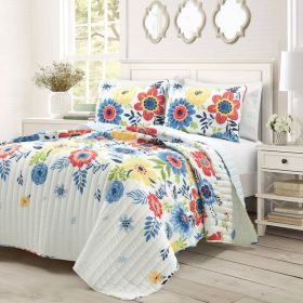 King size Lightweight Floral Navy Blue Coral White 3-Piece Polyester Quilt Set