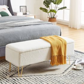 White Sherpa Fabric Upholstered End of Bed Storage Bench with Gold Finish Legs