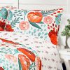 Full/Queen Red Poppy Flower White Teal Lightweight 3 Piece Cotton Quilt Set