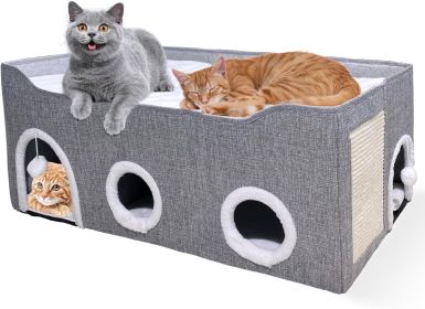 Cat Houses for Indoor Cats-Large Collapsible Large Cat Bed with Fluff Ball and 2 Caves,Cat Hideout with Canopy