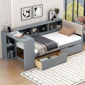 Wood Twin Size Platform Bed with Storage Shelves, Drawers, Charging Station and Upholstered Headboard, Gray