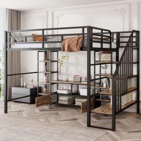 Full Size Metal Loft Bed with Staircase,Low Storage Table and Storage Shelves,Black