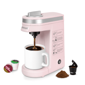 Classic Metal Single Serve Coffee Maker With One Button Operation And Auto Shut-Off For 355.0 Milliliter Capacity (Color: Pink)