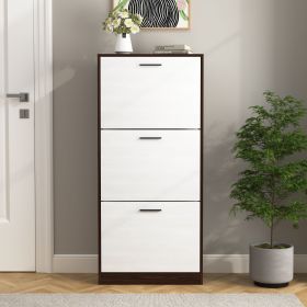 Shoe Storage Cabinet with 3 White Panel Flip Drawers, Freestanding Organizer for Entryway, Narrow Shoe Rack Cabinet (Color: Walnut, Material: Particle Board)