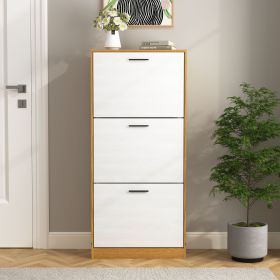 Shoe Storage Cabinet with 3 White Panel Flip Drawers, Freestanding Organizer for Entryway, Narrow Shoe Rack Cabinet (Color: Natural, Material: Particle Board)