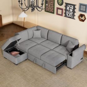 Sleeper Sectional Sofa, L-Shape Corner Couch Sofa-Bed with Storage Ottoman & Hidden Arm Storage & USB Charge for Living Room Apartment (Color: Gray, Material: Velvet)